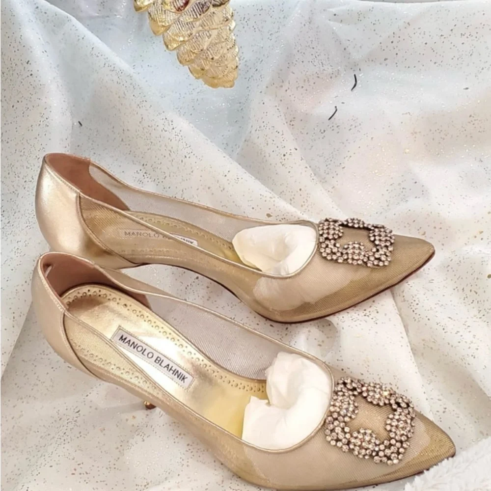 Manolo Blahnik Gold Embellished Heels - Picture 2 of 10